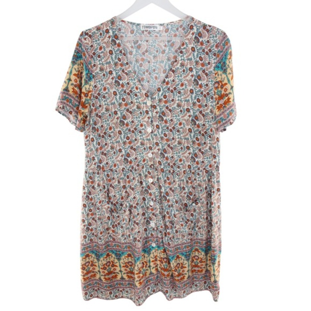 Temofon Mini Dress Boho Floral‎ Button Front Pockets Large Multicolor